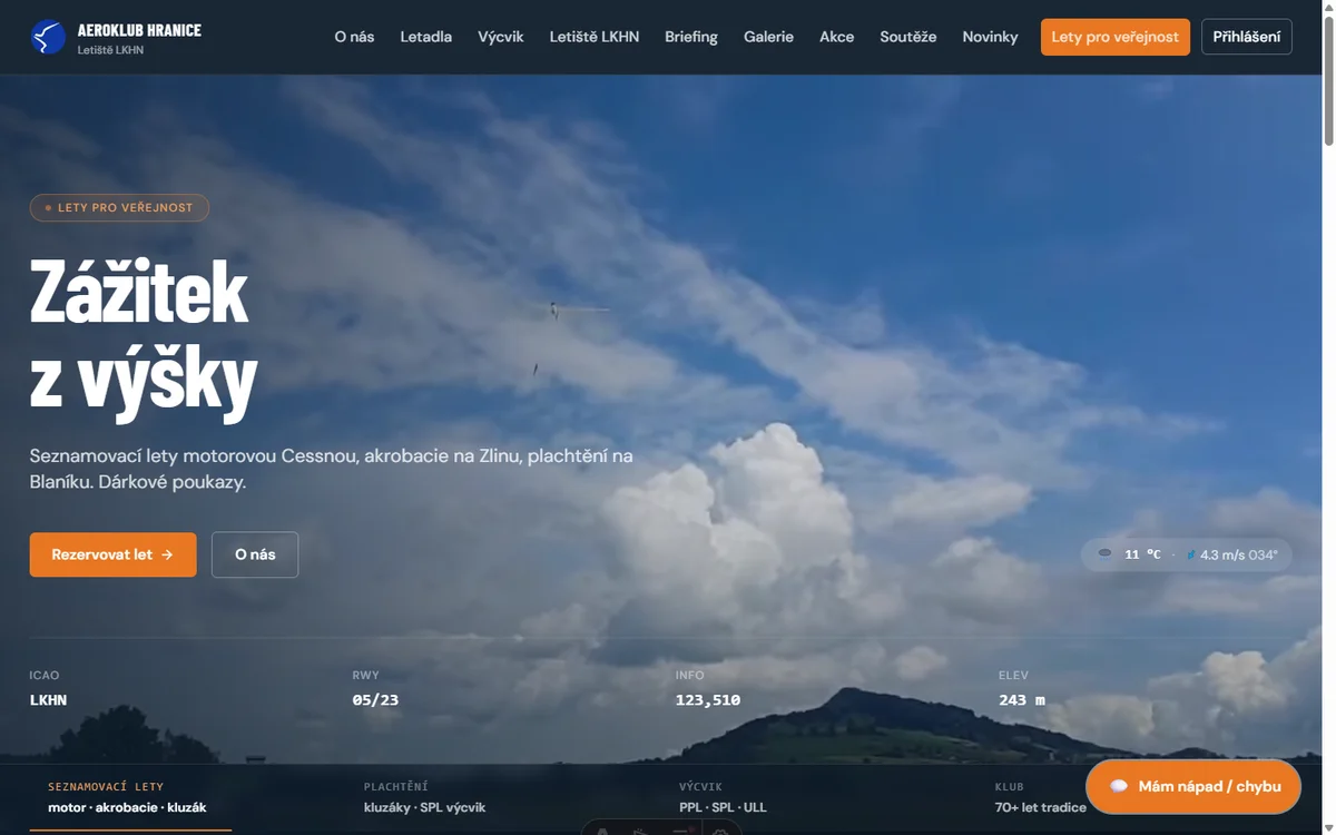 Hlavní stránka nového webu Aeroklubu Hranice